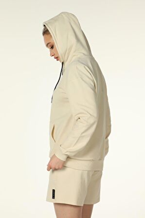 defy's KADIN KAPÜŞONLU FERMUARLI OVERSIZE SWEATSHIRT BEJ - M
