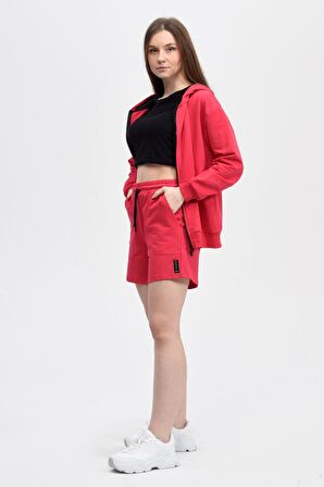 defy's KADIN KAPÜŞONLU FERMUARLI OVERSIZE SWEATSHIRT FUŞYA - S