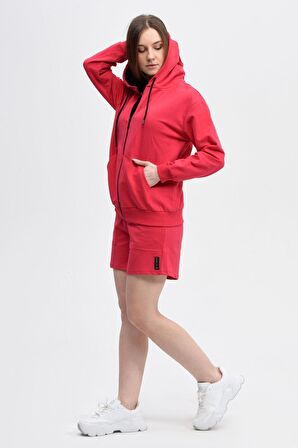 defy's KADIN KAPÜŞONLU FERMUARLI OVERSIZE SWEATSHIRT FUŞYA - S