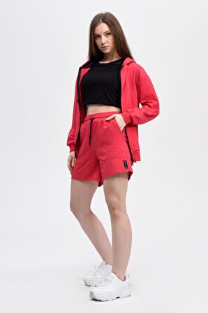 defy's KADIN KAPÜŞONLU FERMUARLI OVERSIZE SWEATSHIRT FUŞYA - M