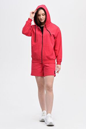 defy's KADIN KAPÜŞONLU FERMUARLI OVERSIZE SWEATSHIRT FUŞYA - M