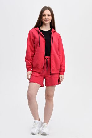 defy's KADIN KAPÜŞONLU FERMUARLI OVERSIZE SWEATSHIRT FUŞYA - XL