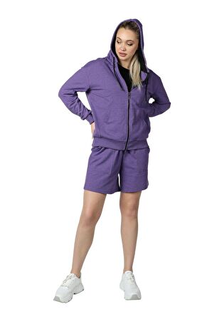 defy's KADIN KAPÜŞONLU FERMUARLI OVERSIZE SWEATSHIRT MOR - S