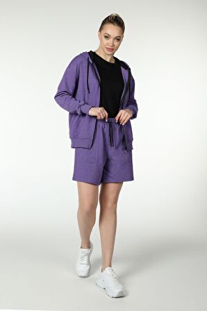 defy's KADIN KAPÜŞONLU FERMUARLI OVERSIZE SWEATSHIRT MOR - S