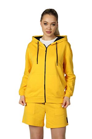 defy's KADIN KAPÜŞONLU FERMUARLI OVERSIZE SWEATSHIRT SARI - XS