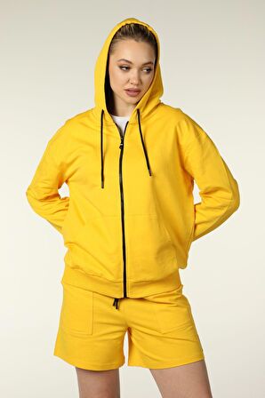 defy's KADIN KAPÜŞONLU FERMUARLI OVERSIZE SWEATSHIRT SARI - XS