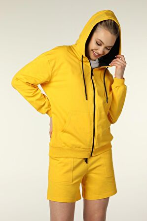 defy's KADIN KAPÜŞONLU FERMUARLI OVERSIZE SWEATSHIRT SARI - XS