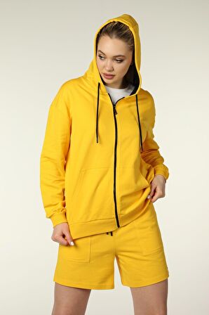 defy's KADIN KAPÜŞONLU FERMUARLI OVERSIZE SWEATSHIRT SARI - XS