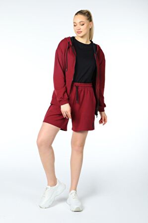 defy's KADIN KAPÜŞONLU FERMUARLI OVERSIZE SWEATSHIRT BORDO - XS