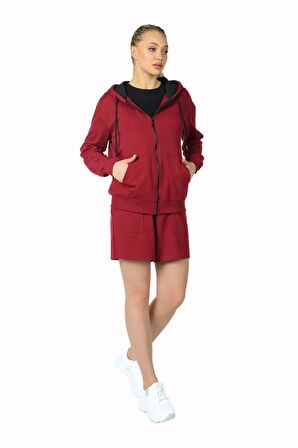 defy's KADIN KAPÜŞONLU FERMUARLI OVERSIZE SWEATSHIRT BORDO - XL