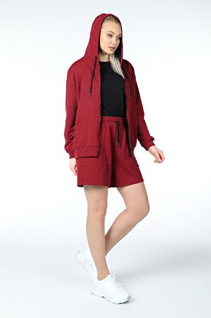 defy's KADIN KAPÜŞONLU FERMUARLI OVERSIZE SWEATSHIRT BORDO - XL