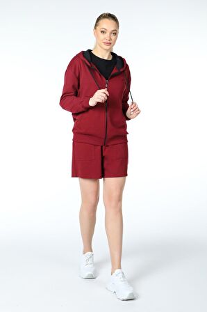 defy's KADIN KAPÜŞONLU FERMUARLI OVERSIZE SWEATSHIRT BORDO - XL