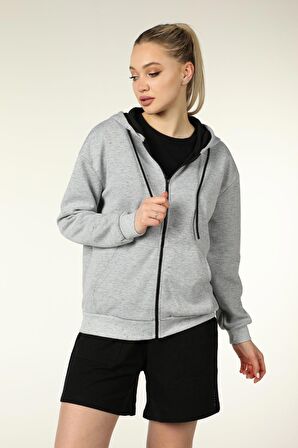 defy's KADIN KAPÜŞONLU FERMUARLI OVERSIZE SWEATSHIRT KIRÇILLI GRİ - XS