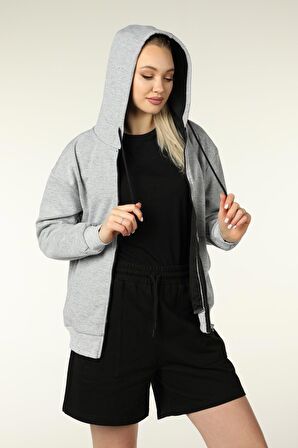 defy's KADIN KAPÜŞONLU FERMUARLI OVERSIZE SWEATSHIRT KIRÇILLI GRİ - XS