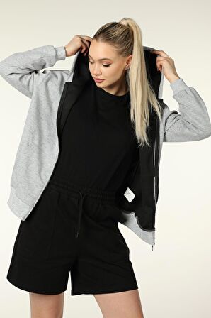 defy's KADIN KAPÜŞONLU FERMUARLI OVERSIZE SWEATSHIRT KIRÇILLI GRİ - L