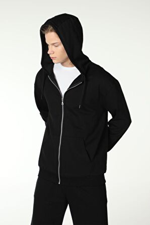 defy's ERKEK KAPÜŞONLU FERMUARLI OVERSIZE SWEATSHIRT SİYAH - M