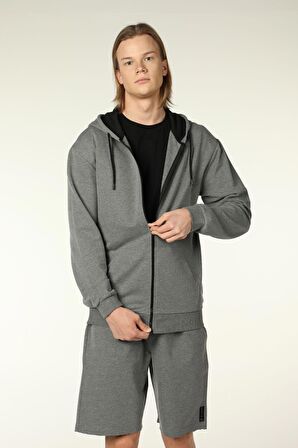 defy's ERKEK KAPÜŞONLU FERMUARLI OVERSIZE SWEATSHIRT KOYU GRİ - XL