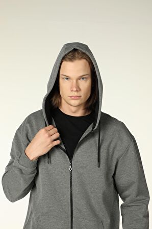 defy's ERKEK KAPÜŞONLU FERMUARLI OVERSIZE SWEATSHIRT KOYU GRİ - XL
