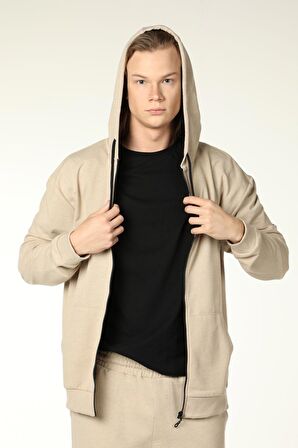 defy's ERKEK KAPÜŞONLU FERMUARLI OVERSIZE SWEATSHIRT BEJ - S