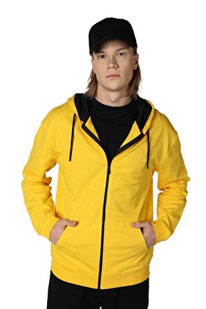 defy's ERKEK KAPÜŞONLU FERMUARLI OVERSIZE SWEATSHIRT SARI - S