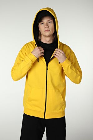defy's ERKEK KAPÜŞONLU FERMUARLI OVERSIZE SWEATSHIRT SARI - S