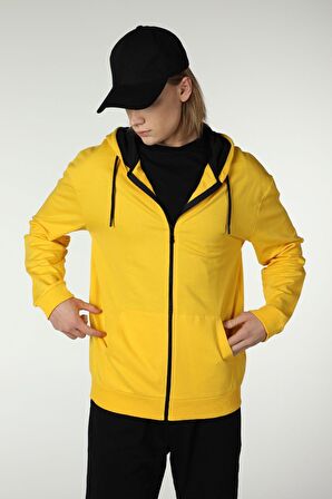 defy's ERKEK KAPÜŞONLU FERMUARLI OVERSIZE SWEATSHIRT SARI - S