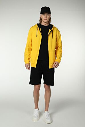 defy's ERKEK KAPÜŞONLU FERMUARLI OVERSIZE SWEATSHIRT SARI - S