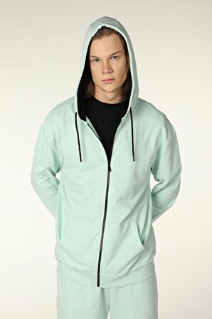 defy's ERKEK KAPÜŞONLU FERMUARLI OVERSIZE SWEATSHIRT SU YEŞİLİ - XXL