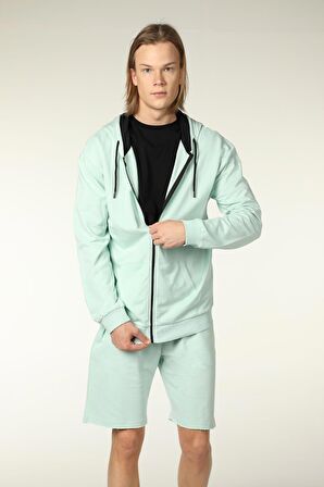 defy's ERKEK KAPÜŞONLU FERMUARLI OVERSIZE SWEATSHIRT SU YEŞİLİ - XXL