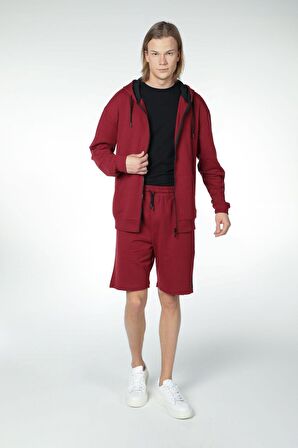 defy's ERKEK KAPÜŞONLU FERMUARLI OVERSIZE SWEATSHIRT BORDO - S