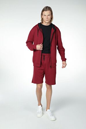 defy's ERKEK KAPÜŞONLU FERMUARLI OVERSIZE SWEATSHIRT BORDO - L