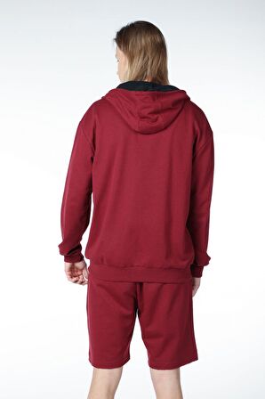 defy's ERKEK KAPÜŞONLU FERMUARLI OVERSIZE SWEATSHIRT BORDO - L