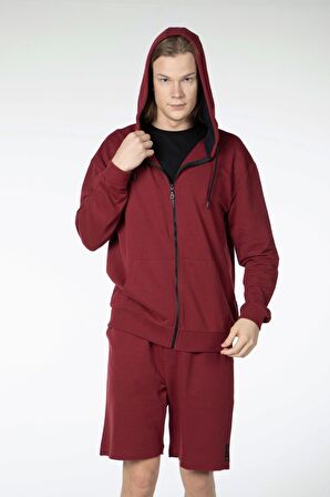 defy's ERKEK KAPÜŞONLU FERMUARLI OVERSIZE SWEATSHIRT BORDO - L