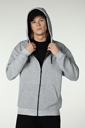 defy's ERKEK KAPÜŞONLU FERMUARLI OVERSIZE SWEATSHIRT KIRÇILLI GRİ - L