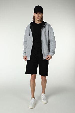 defy's ERKEK KAPÜŞONLU FERMUARLI OVERSIZE SWEATSHIRT KIRÇILLI GRİ - L