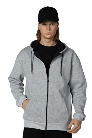 defy's ERKEK KAPÜŞONLU FERMUARLI OVERSIZE SWEATSHIRT KIRÇILLI GRİ - L