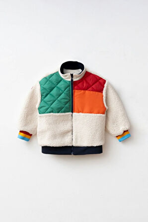 Erkek Çocuk Blok Renkli Kapitoneli Polar Ceket - Turuncu/Çok Renkli | 4 Yaş