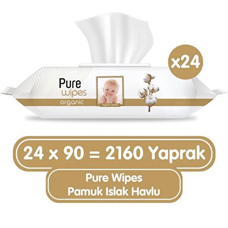 Pure Baby Organik Pamuklu 90 Yaprak 24 lü Paket Islak Havlu