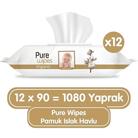 Pure Baby Organik Pamuklu 90 Yaprak 12 li Paket Islak Havlu