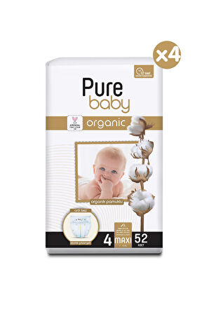 Pure Baby Organik Pamuklu Cırtlı Bez 4'Lü Paket 4 Numara Maxi 208 Adet