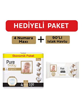 Pure Baby Organik Pamuklu Cırtlı Bez 4 Numara Maxi 100 Adet + Organik Pamuklu Islak Havlu 90 Yaprak