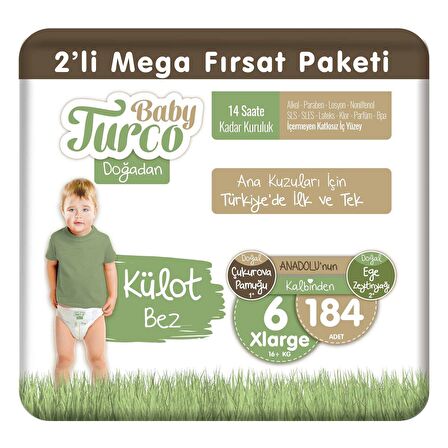 Baby Turco Doğadan 6 Numara X Large 184'lü Külot Bez