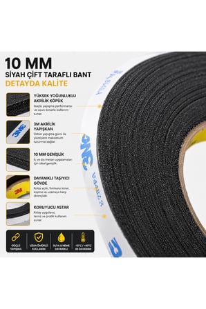 Scotch Çift Taraflı Bant 10 mm x 50 Metre Güçlü Yapıştırıcı Siyah Akrilik Bant EKRAN CAM KASA KAPAK TAMİR BANDI