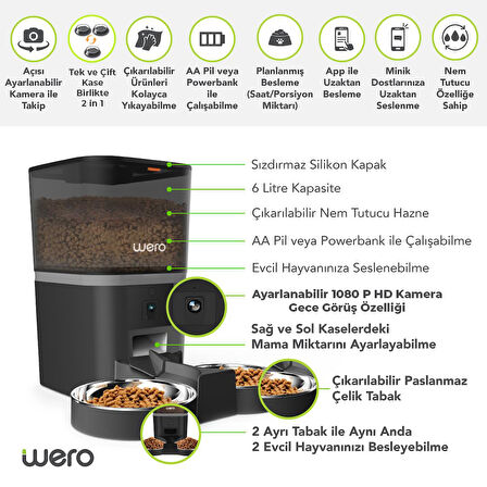 Wero 1080P Çift/Tek Kaseli Mama Kabı, Ayarlanabilir Kamera, 6 Lt, WiFi Kontrol Kedi / Köpek Besleyici, Çift/Tek 2'si 1 Arada Paslanmaz Çelik Kaseli – Siyah