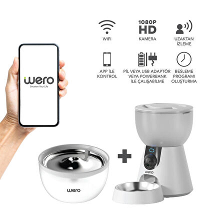 Wero 2in1 Kameralı, Wi-Fi Destekli Akıllı Otomatik Kedi & Köpek Mama ve Su Kabı Seti (FW2-C)