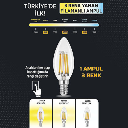 Heka 3 Renkli Led Filament Rustik Ampul 6W E14 C35 ERD-260