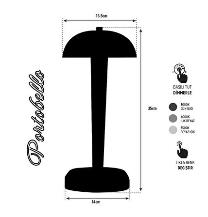 PORTOBELLO | Şarjlı 3 Renkli Dokunmatik Ahşap Mantar Masa Lambası | Dokunmatik Dimmer Özellikli