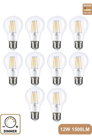 A60 Şeffaf 12W 3000K E27 Günışığı LED Dimmerli Ampul 10'lu Erd-304