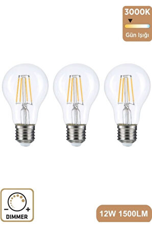 A60 Şeffaf 12W 3000K E27 Günışığı LED Dimmerli Ampul 3'lü Erd-304