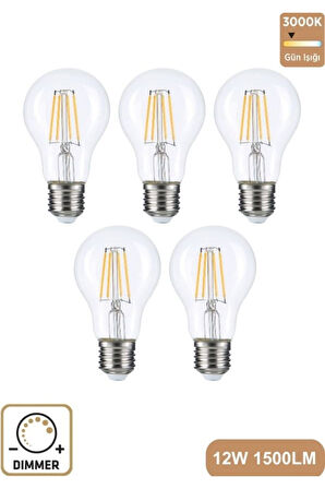 A60 Şeffaf 12W 3000K E27 Günışığı LED Dimmerli Ampul 5'li Erd-304